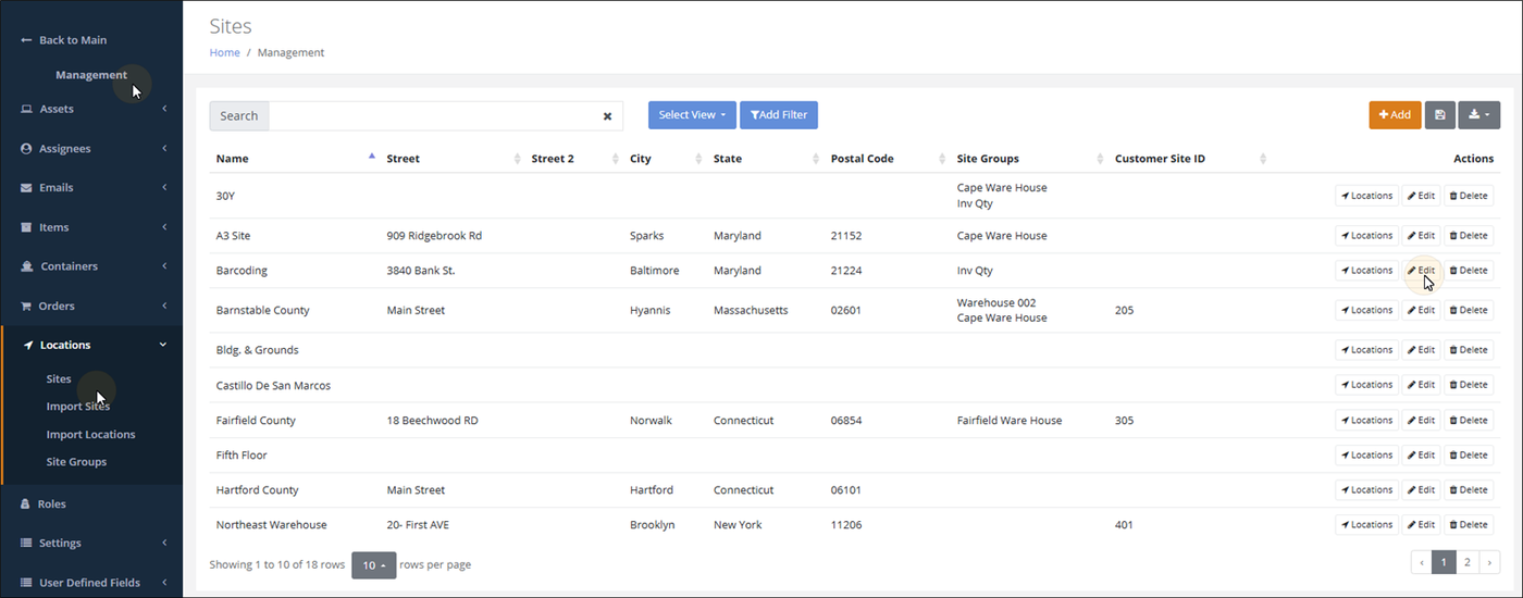 Sites page opened from Management > Locations > Sites, with the pointer on the Edit button for a site