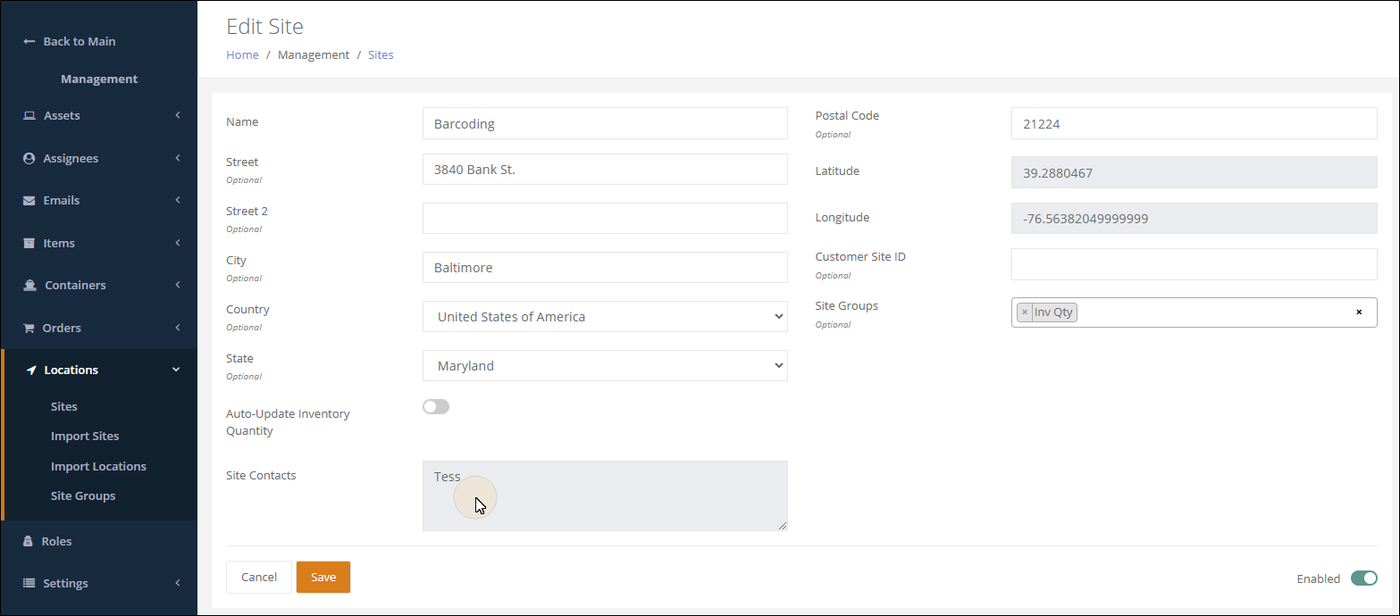 Edit Site page with the Site Contacts box showing the assignee Tess as this site's contact