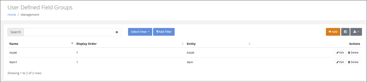 User Defined Field Groups page listing groups with Display Order and Entity columns and an Add button