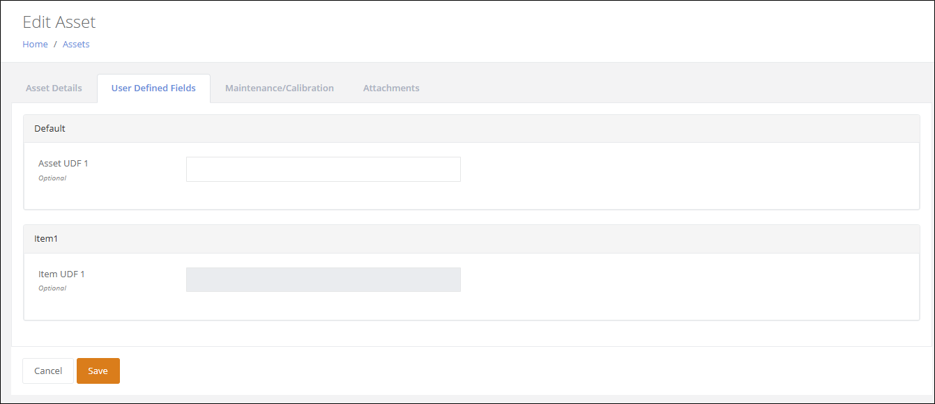Edit Asset page User Defined Fields tab with an editable Asset UDF 1 field and a read-only Item UDF 1 field