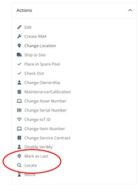 Actions menu with the Mark as Lost and Locate options circled
