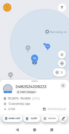 Lost Device tab showing the selected device on the map with the Mark Lost, Alert and RADAR buttons