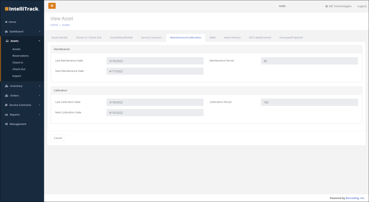 Maintenance/Calibration tab on the View Asset screen