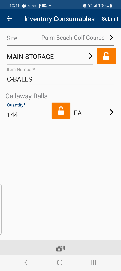 IntelliTrack Mobile consumable inventory screen
