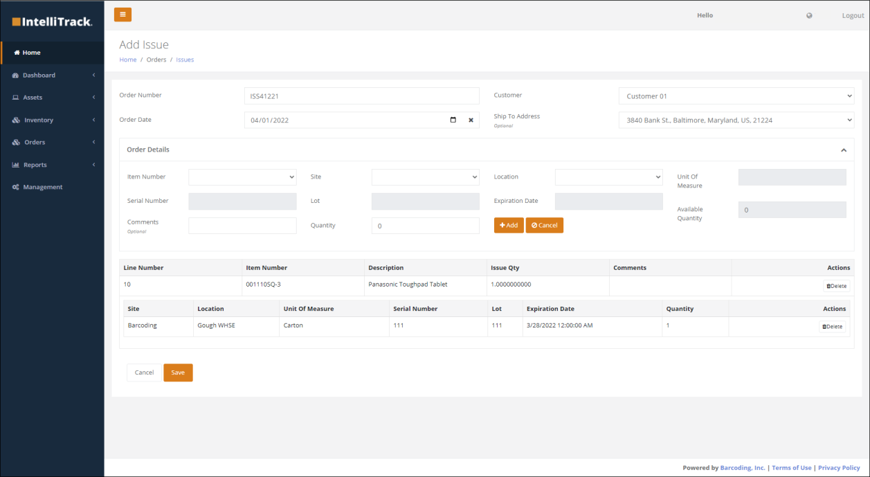 Add Issue order screen