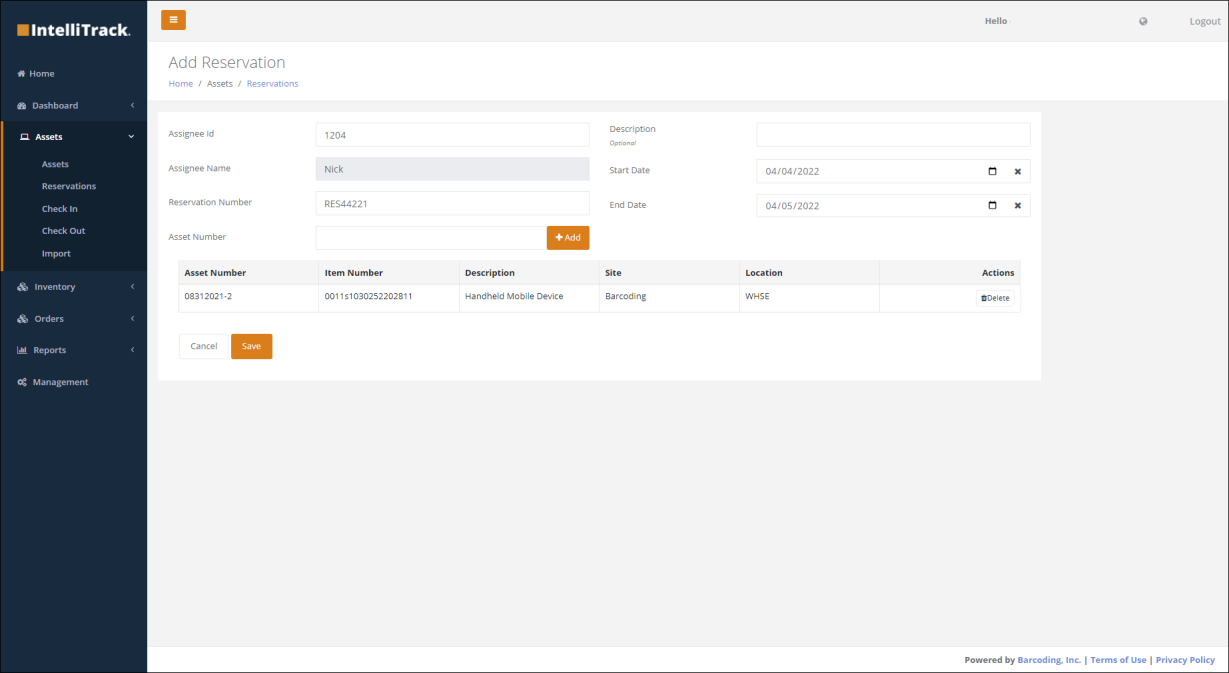 Add Reservation screen