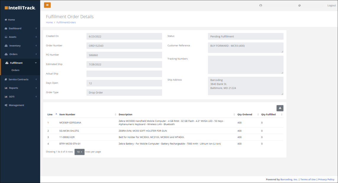 Fulfillment Order Details page