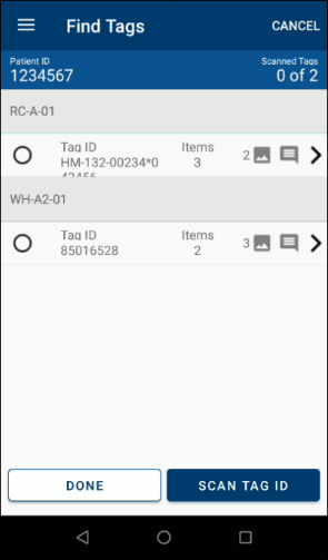 PBT mobile screen showing where all of a patient's property is stored