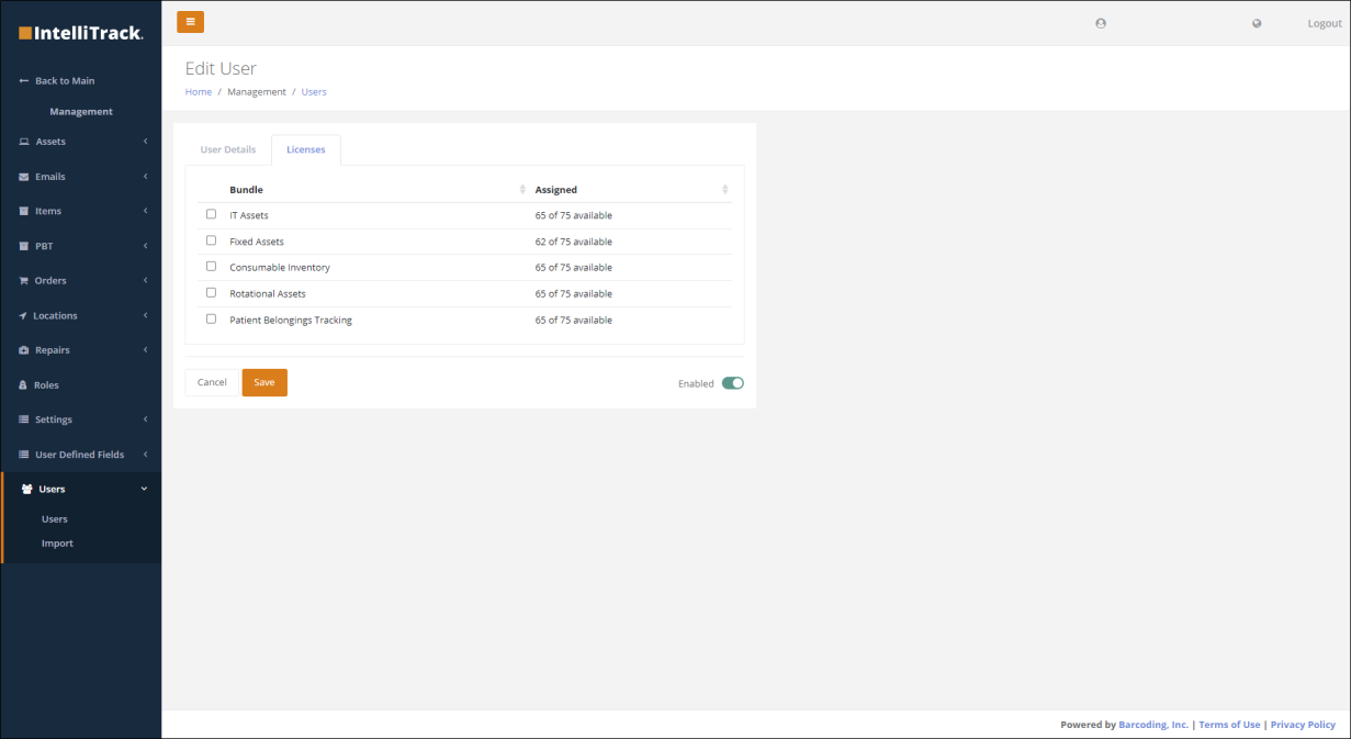 License management on the Edit User Licenses tab