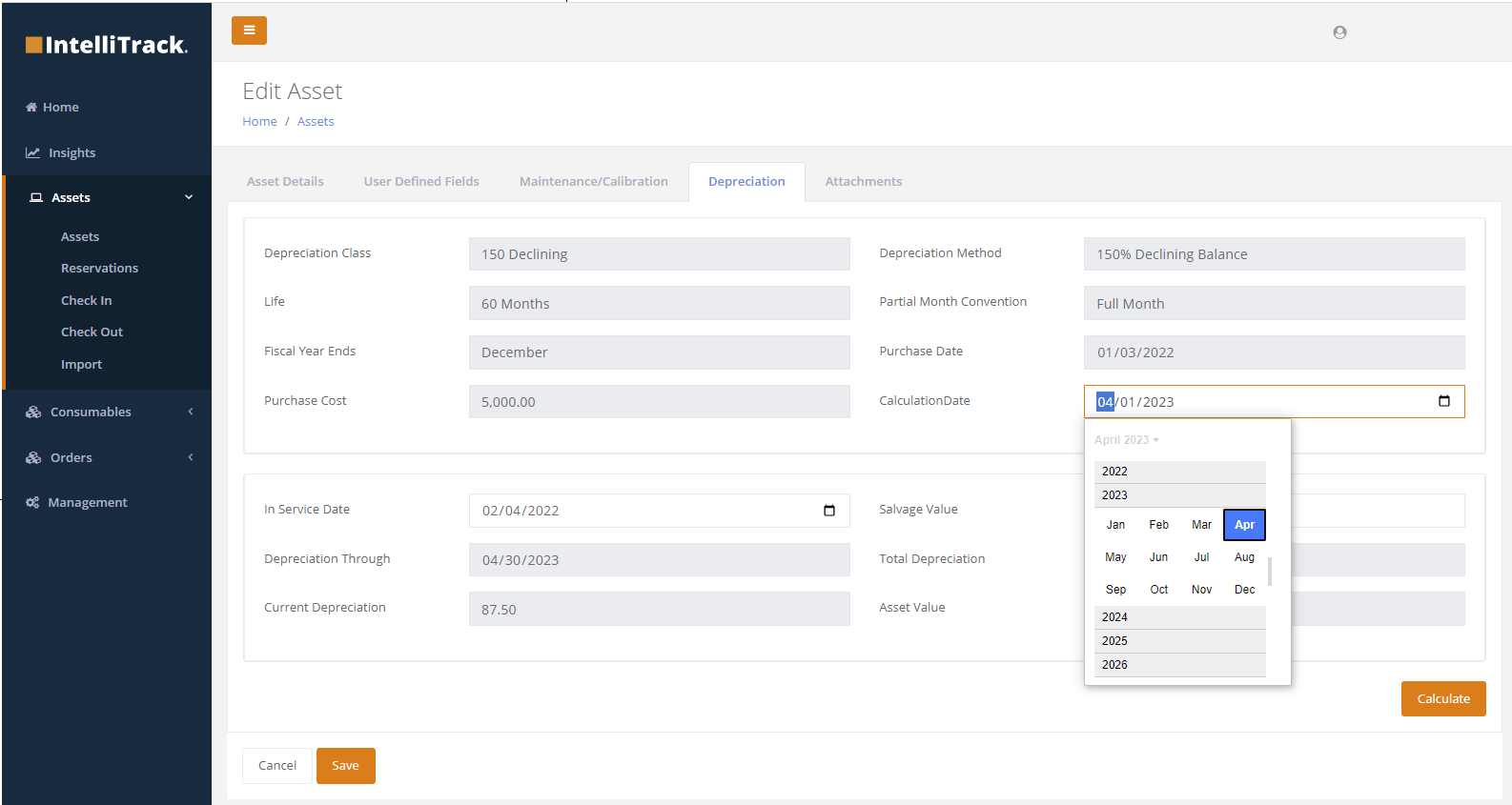 Setting the depreciation calculation date
