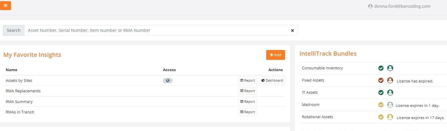 Home page showing the IntelliTrack Bundles panel