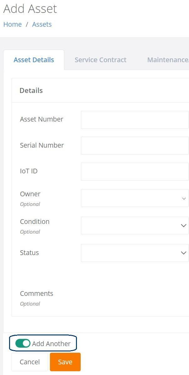Add Asset page with the Add Another toggle