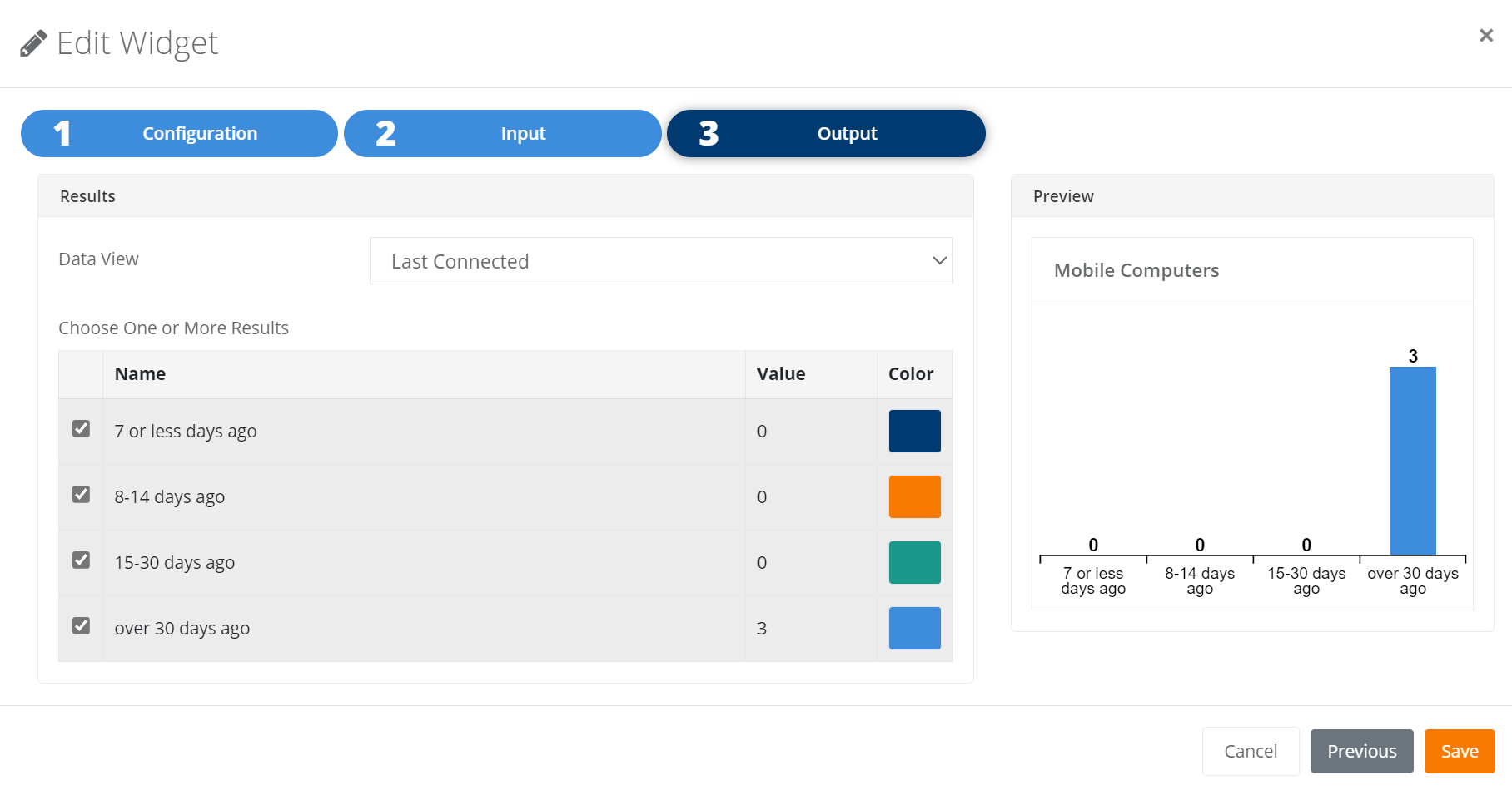 Edit Widget dialog showing the Last Connected data view and preview