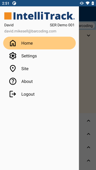 Navigation drawer with Home, Settings, Site, About, and Logout