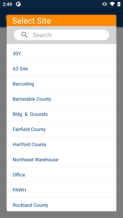 Select Site screen at login