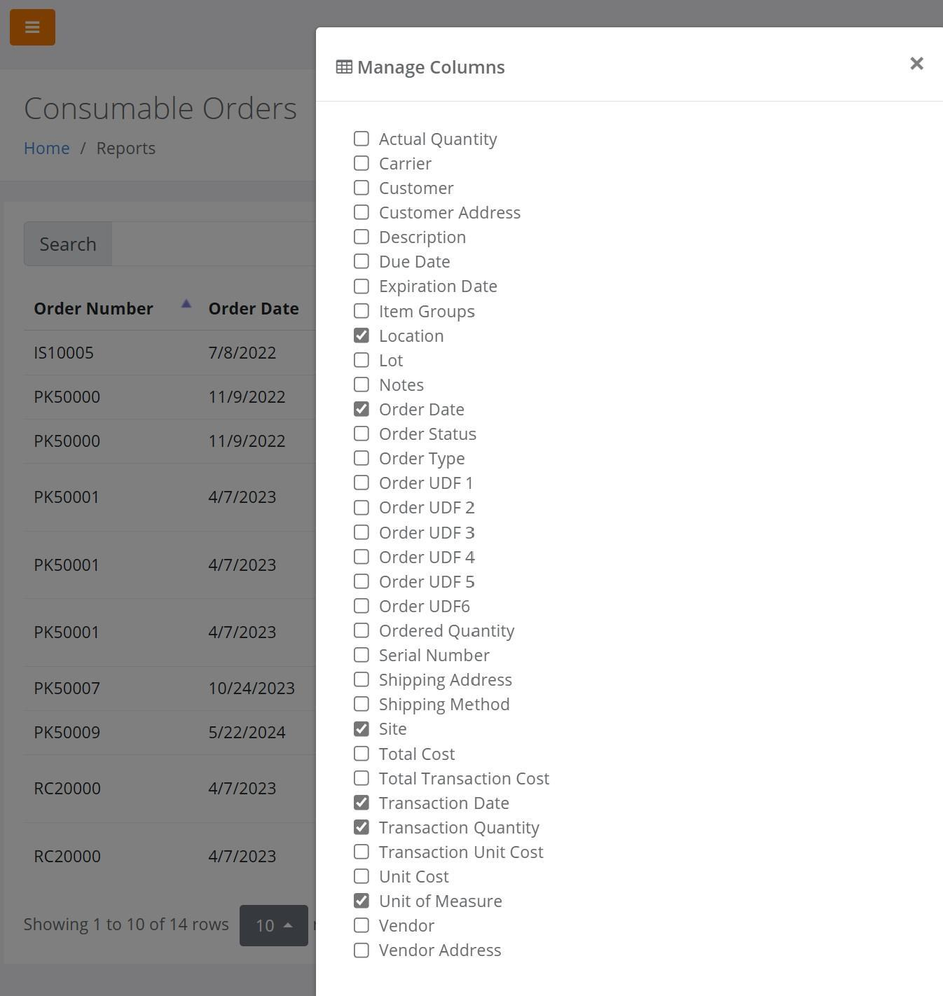 Consumable Orders Report with the Manage Columns dialog showing Transaction Unit Cost and Total Transaction Cost