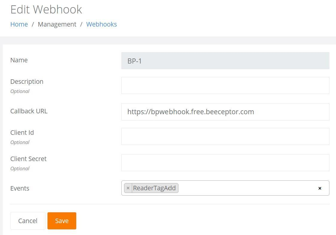 Edit Webhook page with name, callback URL, and events