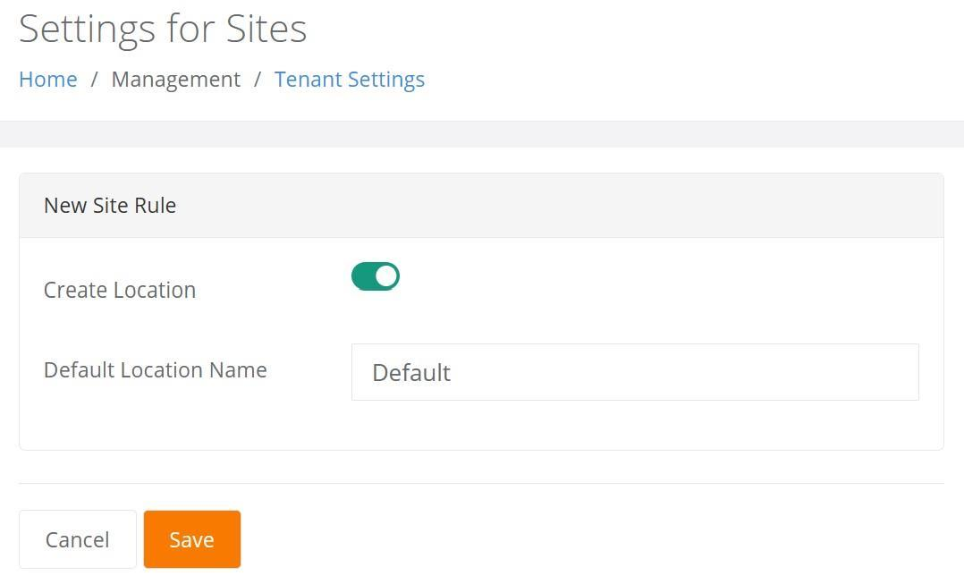 Settings for Sites page with the New Site Rule for creating a Default Location