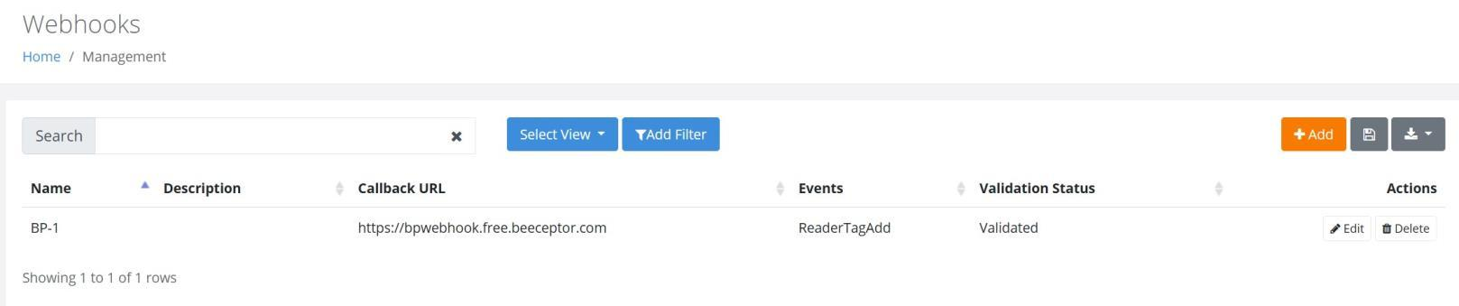 Webhooks page listing a webhook with its callback URL and validation status