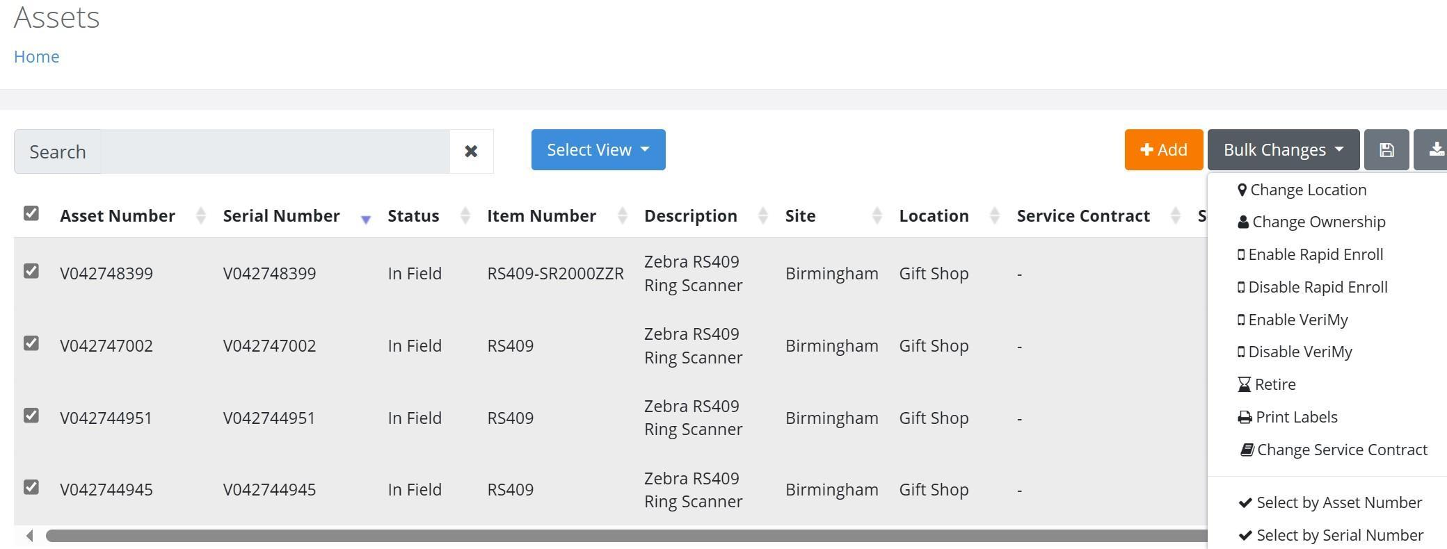 Assets page with the entered Assets selected