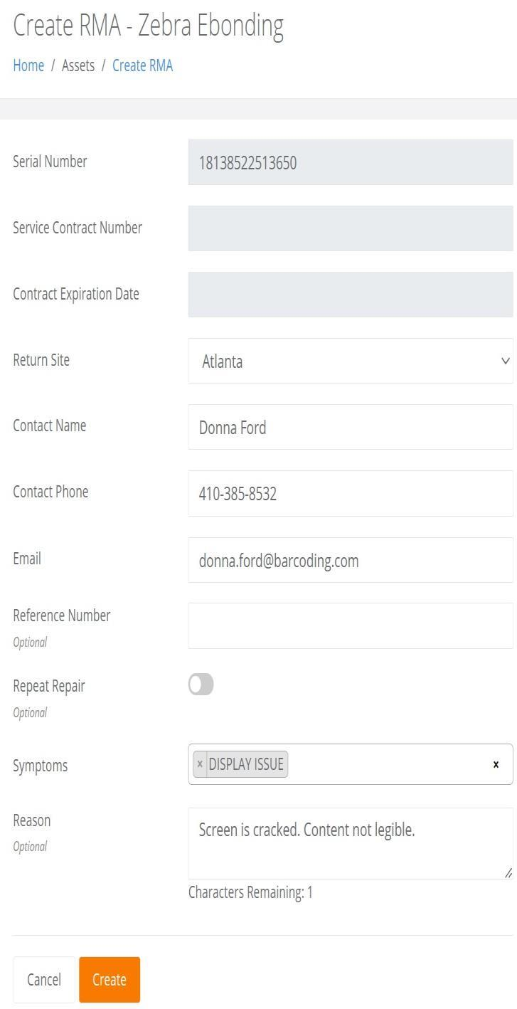 Create RMA screen showing the characters remaining under the Reason field