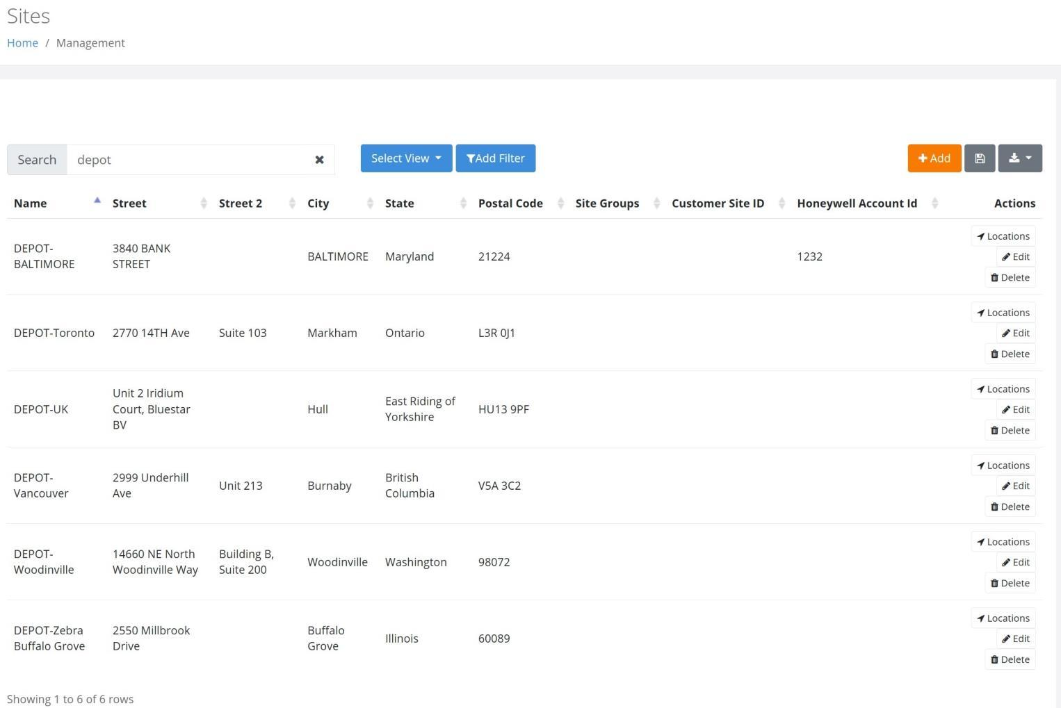 Sites page filtered to the DEPOT sites