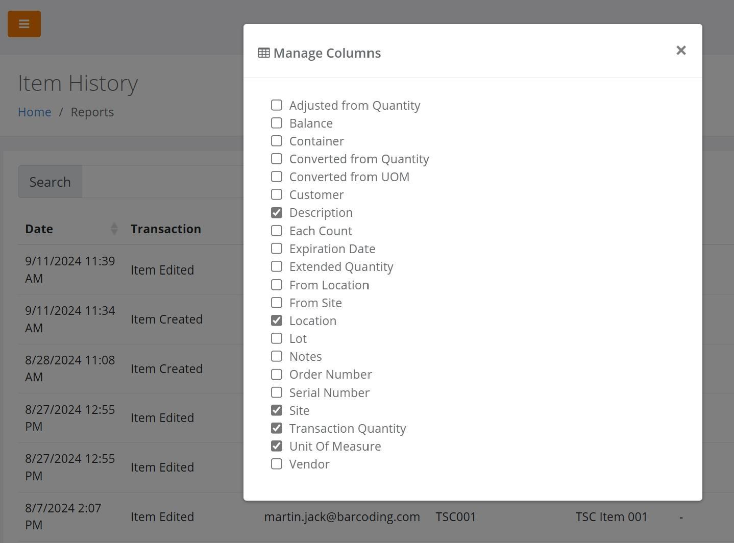 Item History report with the Manage Columns dialog