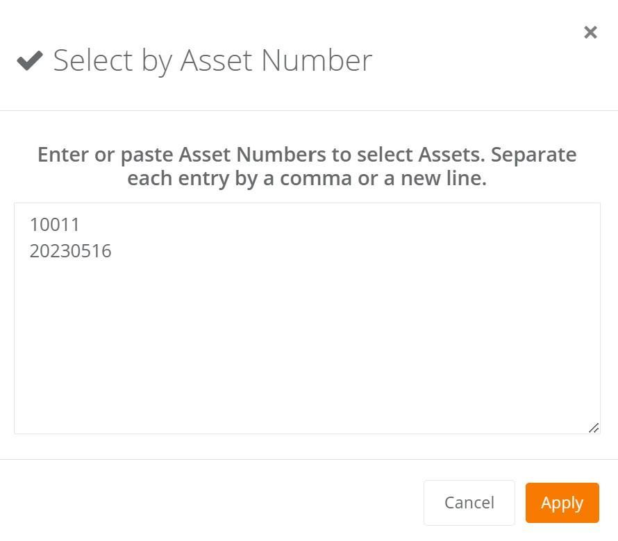 Select by Asset Number popup