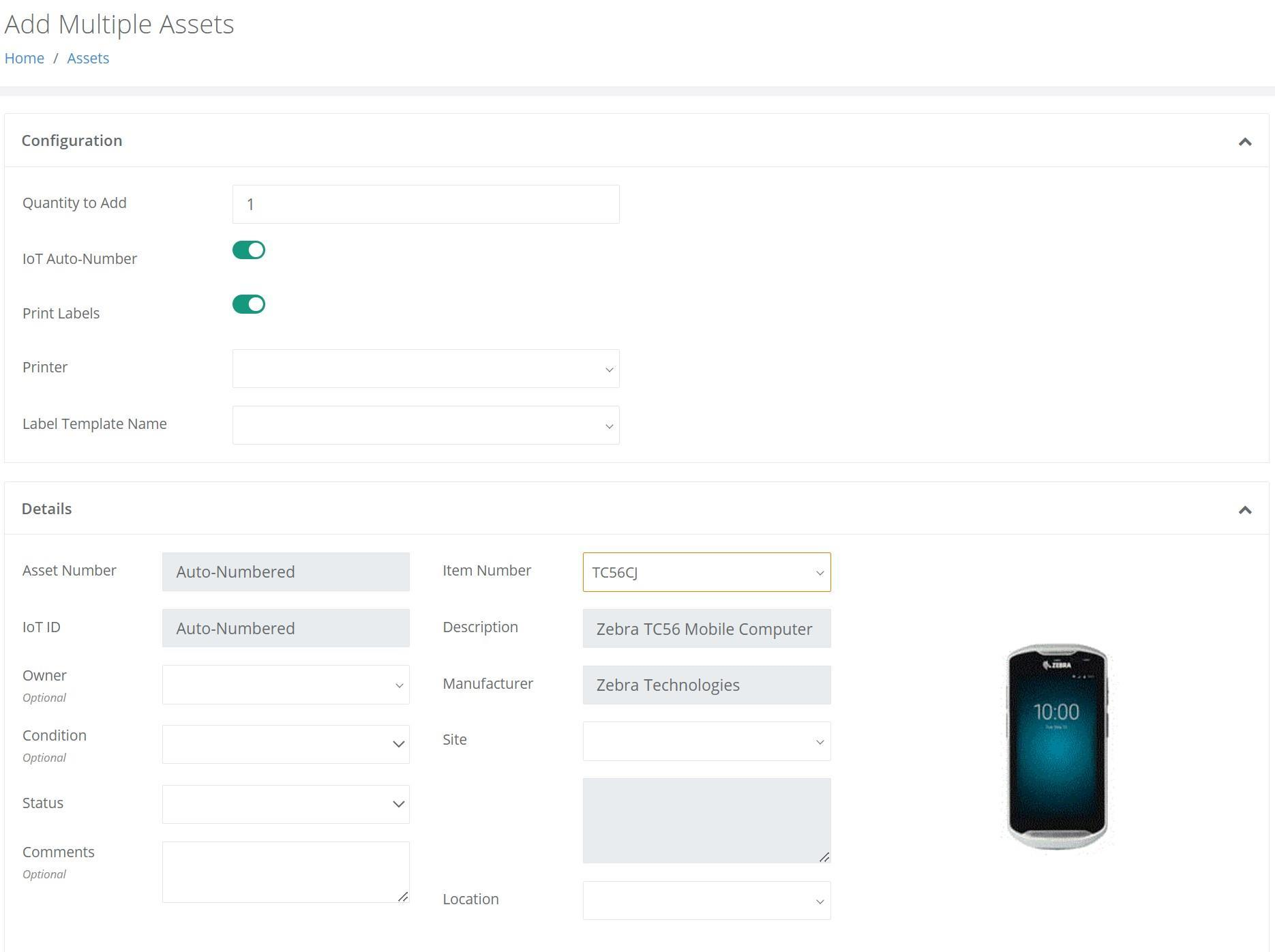 Add Multiple Assets page with Configuration and Details sections