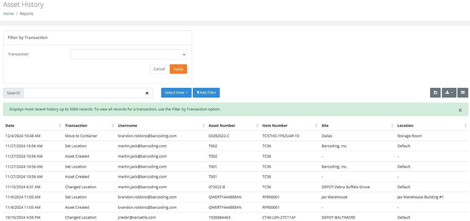 Asset History report with the Filter by Transaction option