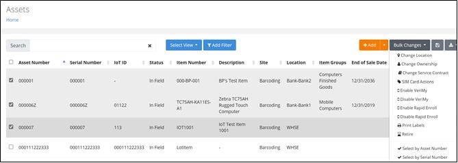 Assets page with Assets selected and the SIM Card Actions option under Bulk Changes