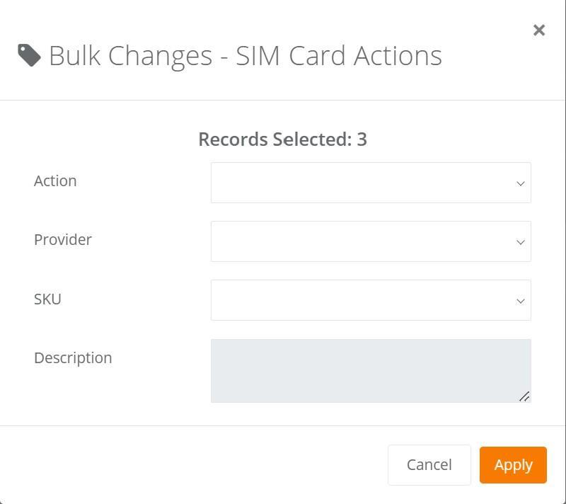 Bulk Changes SIM Card Actions popup