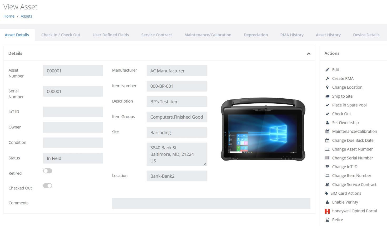 View Asset page with the SIM Card Actions option in the Actions menu