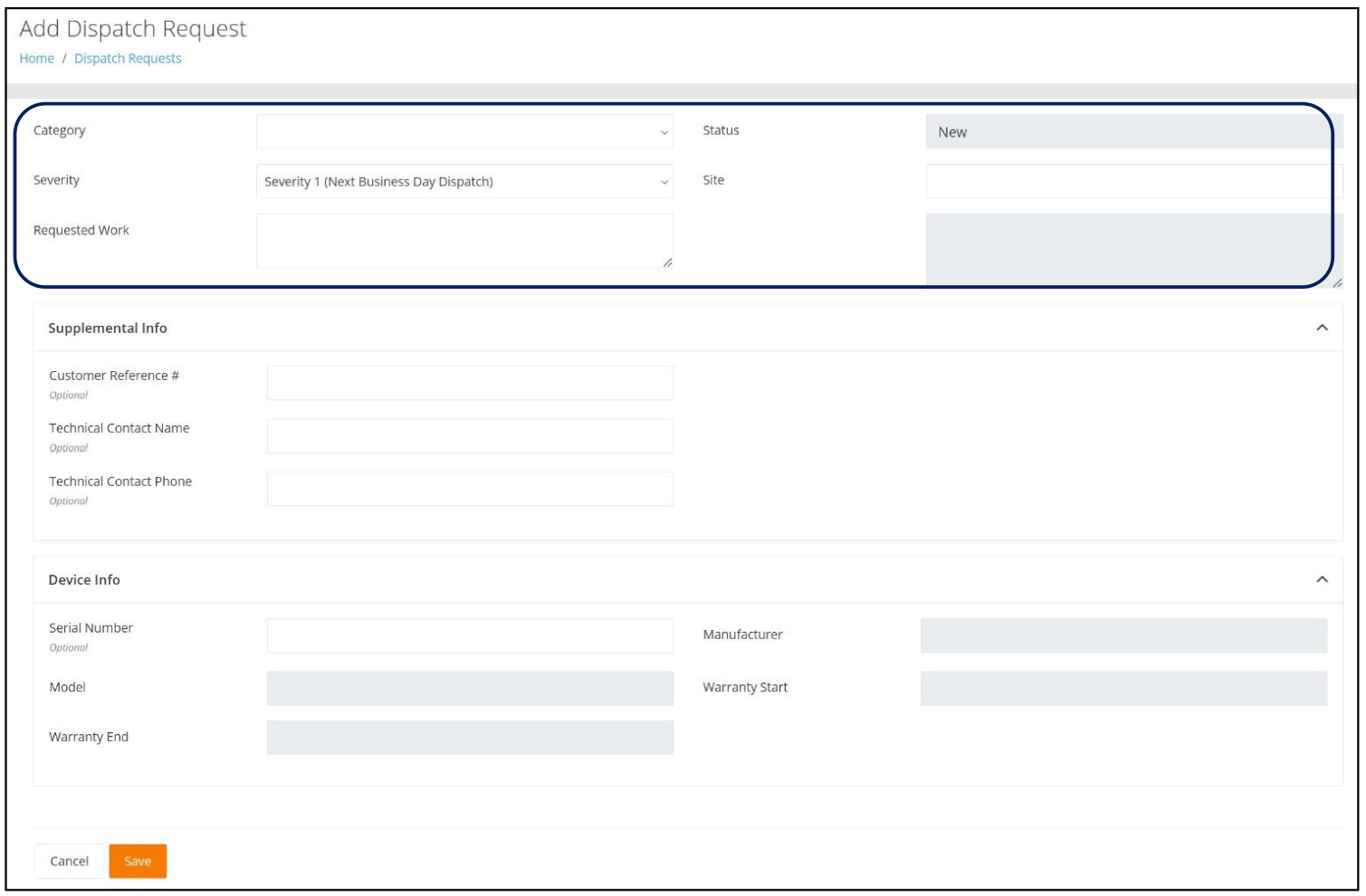 Add Dispatch Request page with the required fields highlighted