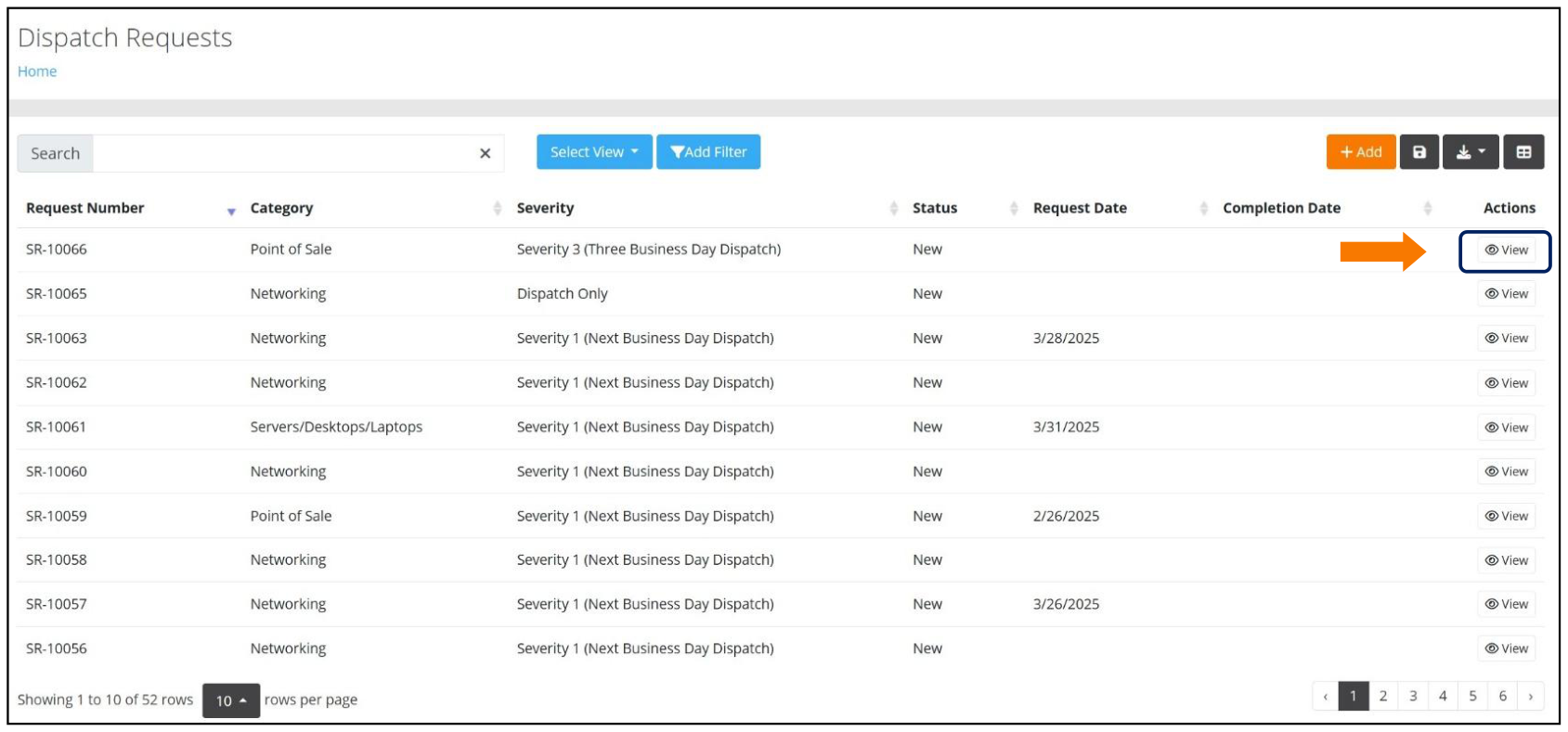 Dispatch Requests page with the View action highlighted