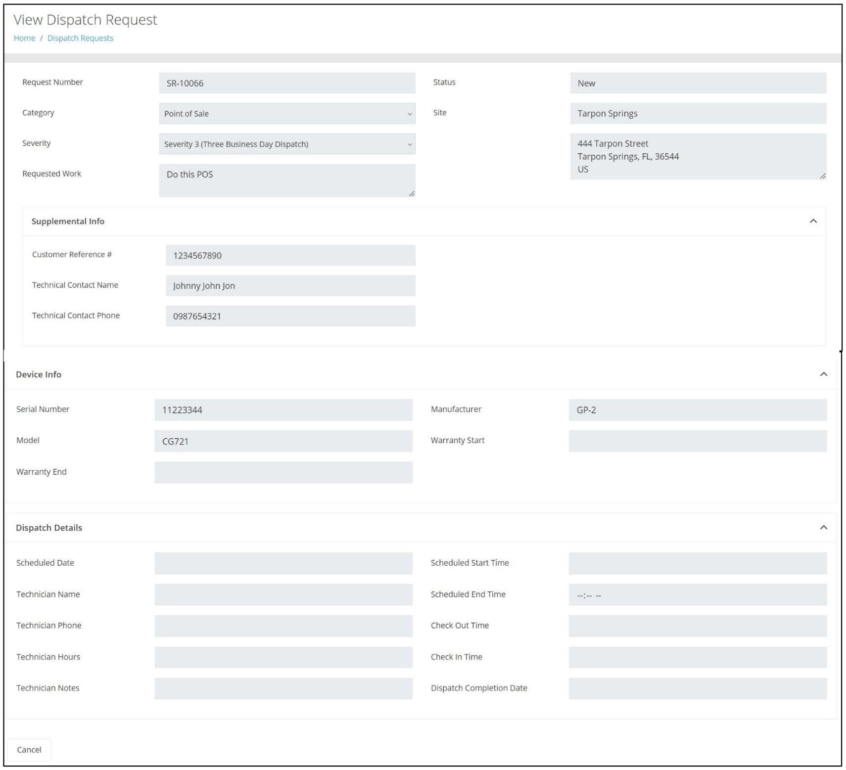 View Dispatch Request page for an individual request