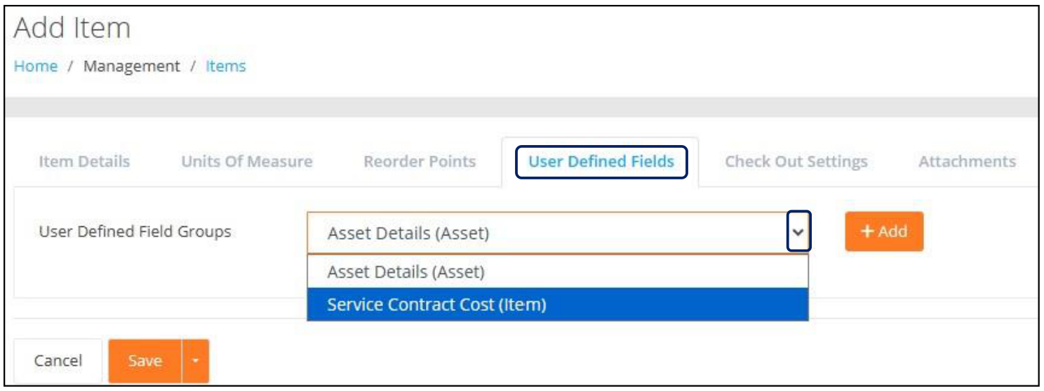 Add Item page with the User Defined Field Groups dropdown showing Asset and Item group categories