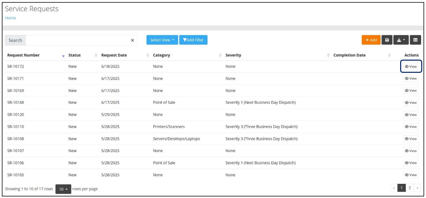 Service Requests page with the View action highlighted