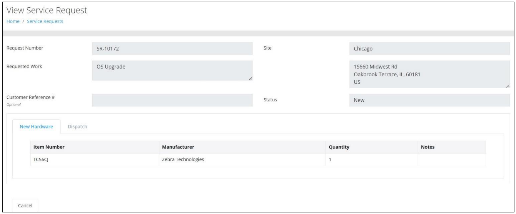 View Service Request page with the New Hardware tab