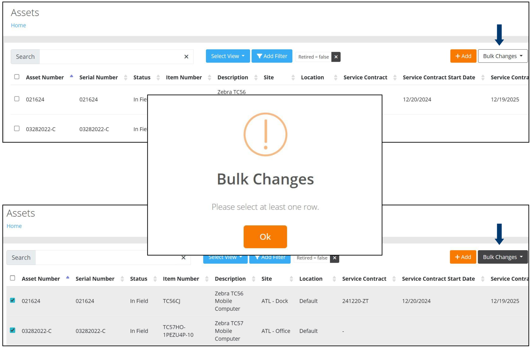 Assets page showing the Bulk Changes alert and the activated Bulk Changes button once rows are selected