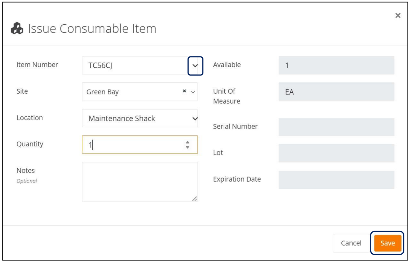 Issue Consumable Item popup with the Item Number dropdown and Save button highlighted