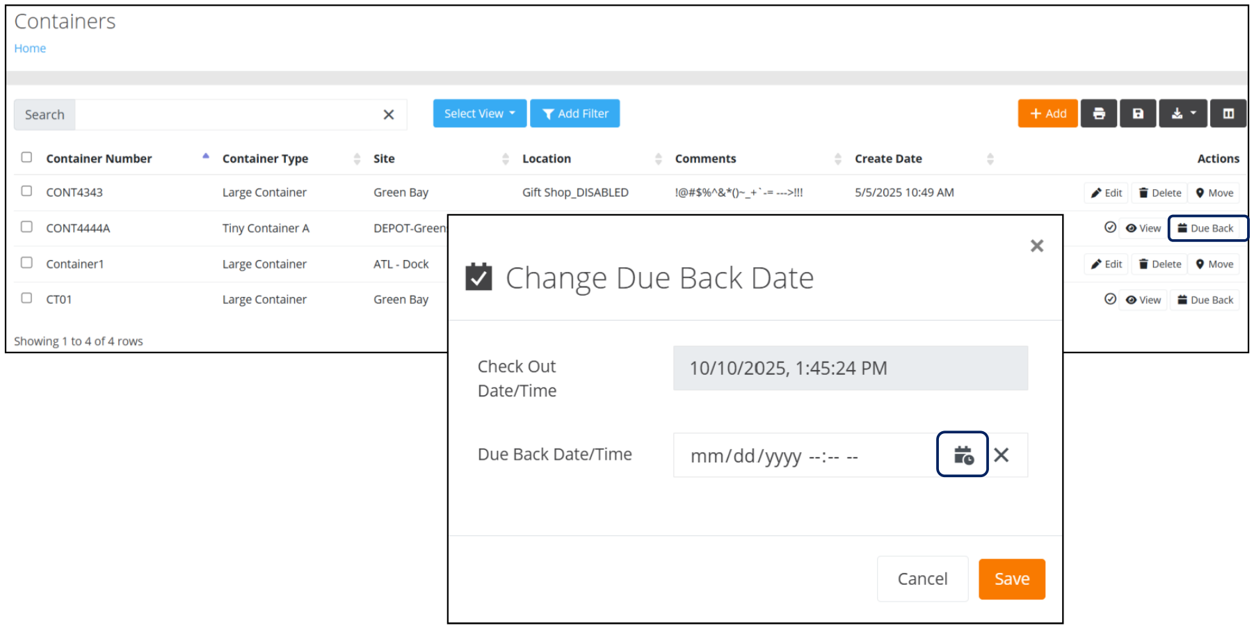 Containers page with the Due Back action and the Change Due Back Date popup