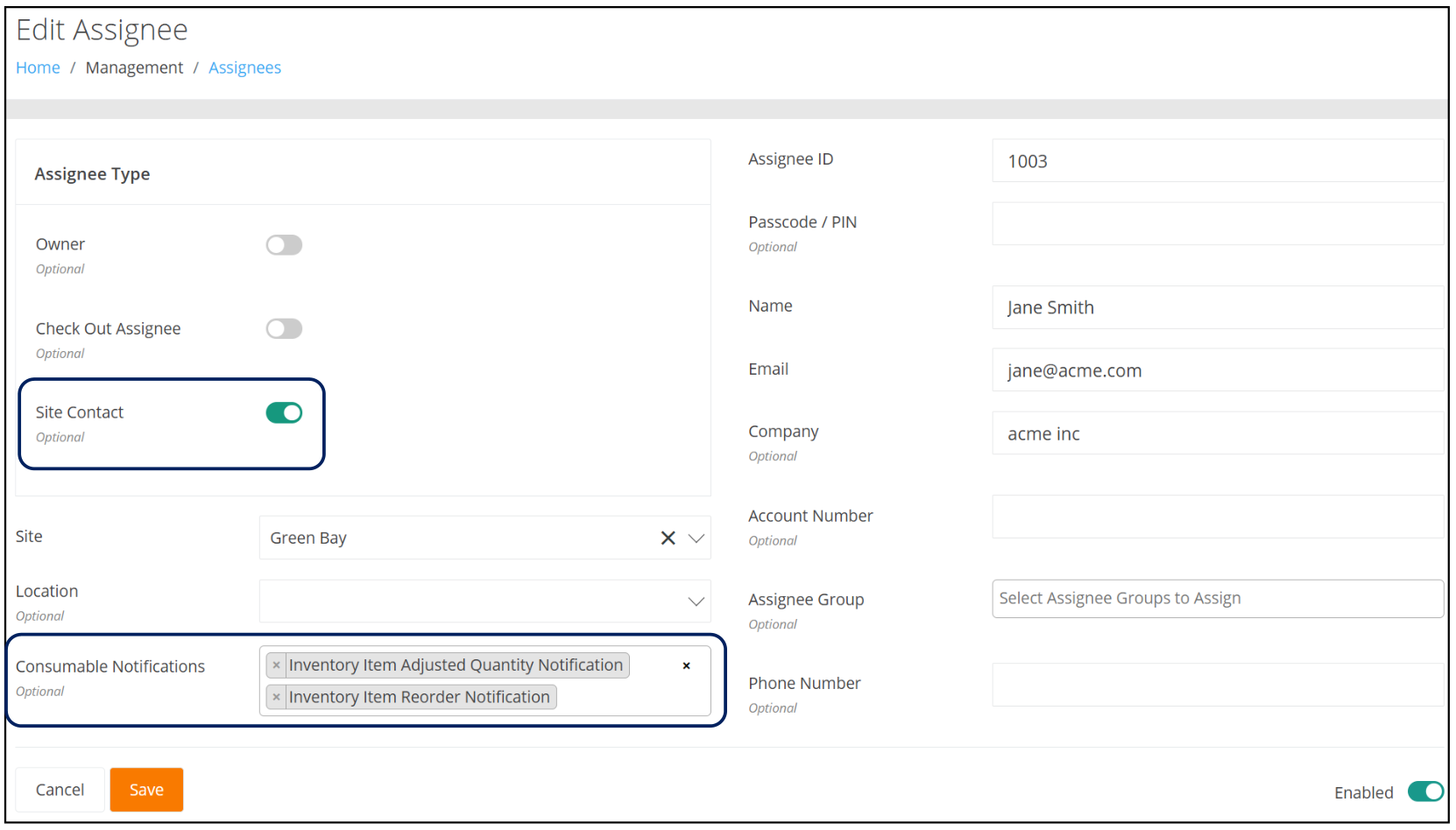 Edit Assignee page with the Site Contact toggle and the Consumable Notifications field highlighted