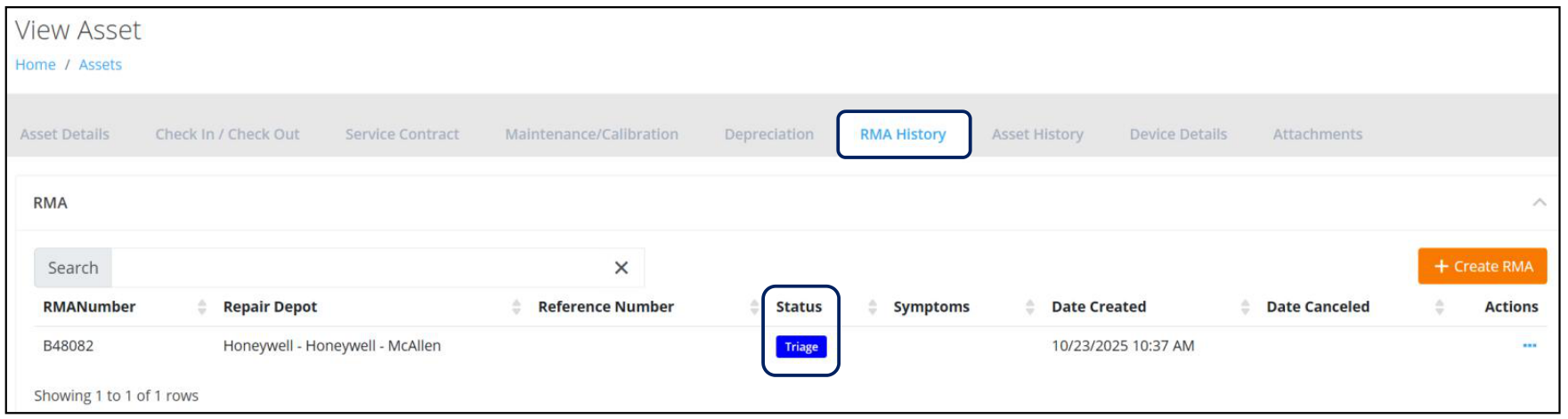 View Asset RMA History tab with the Triage status highlighted