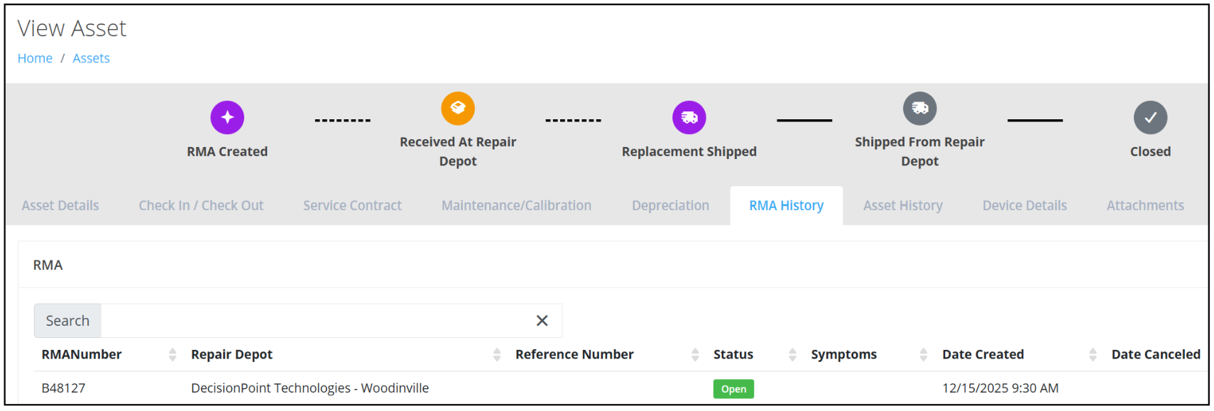 View Asset page with the RMA Tracker progress indicator across the top