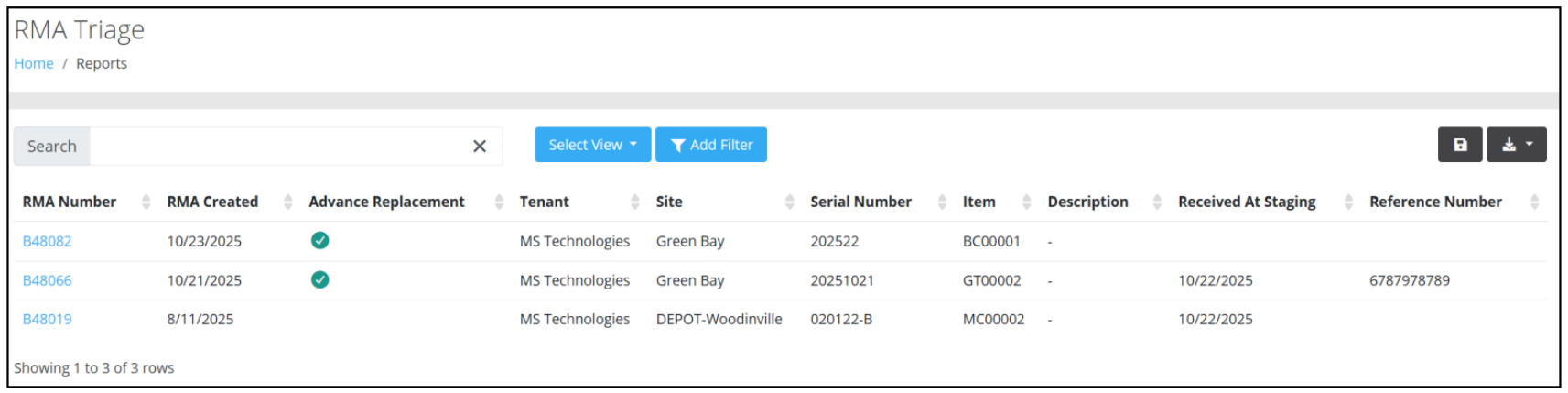 RMA Triage report listing Triage RMAs