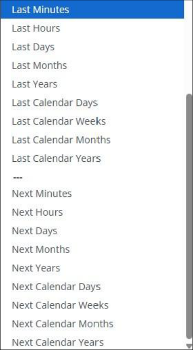 Add Filter Field dropdown list with the newly added date filters, from Last Minutes through Next Calendar Years