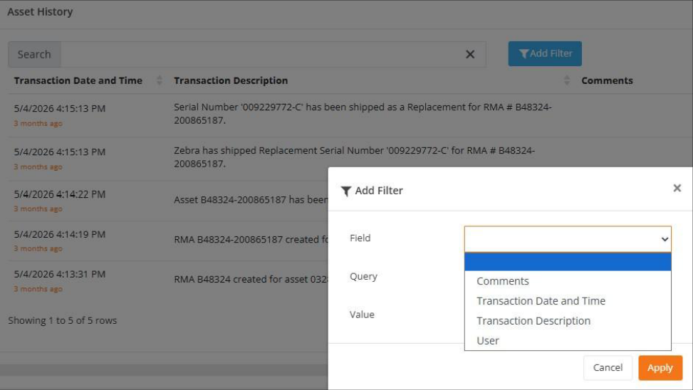 RMA Details Asset History section with the Add Filter dialog open and the Field dropdown list showing its options