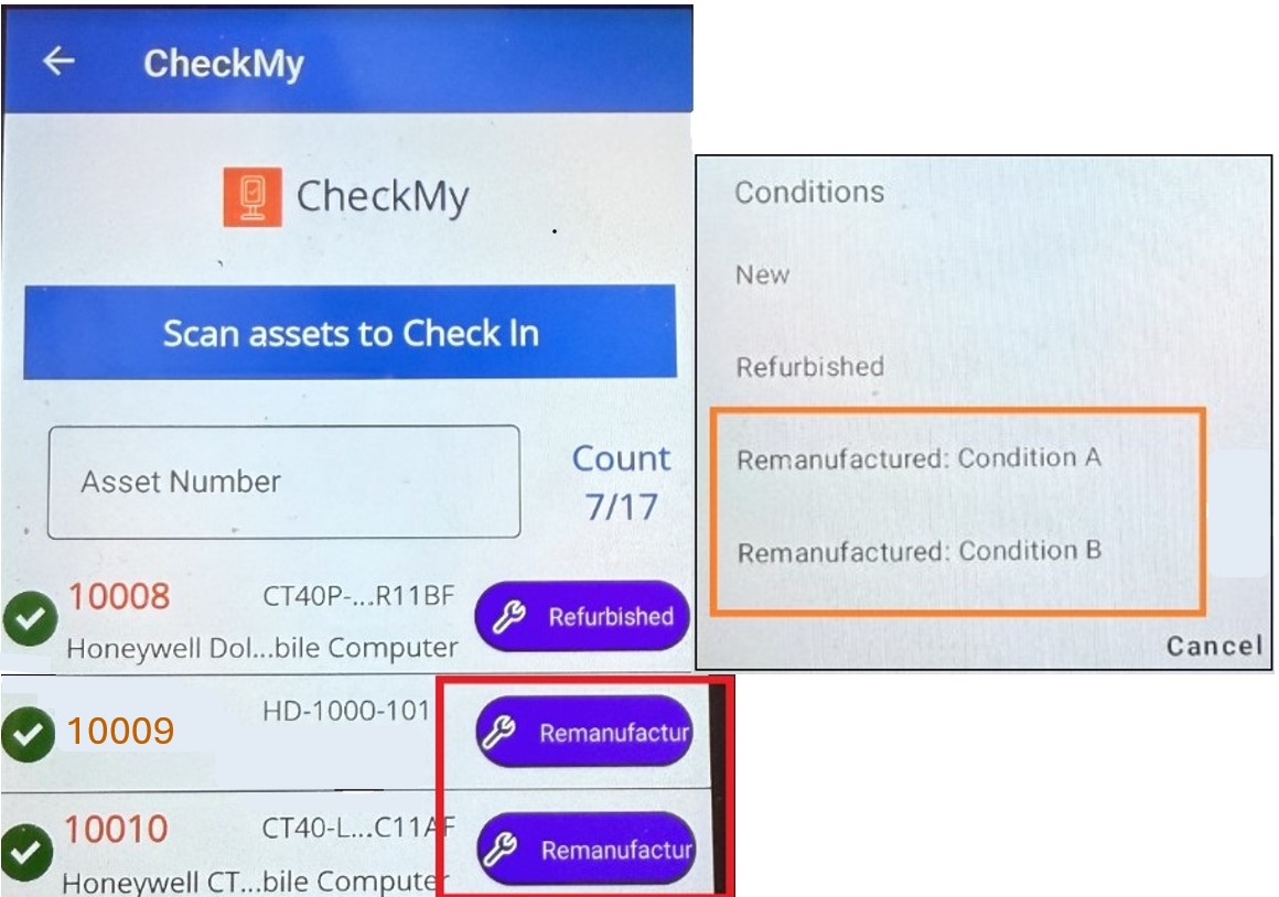 Check In page with center-truncated Condition buttons and the popup showing the full Condition names