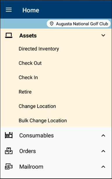 Home screen with the Assets menu expanded to show its actions